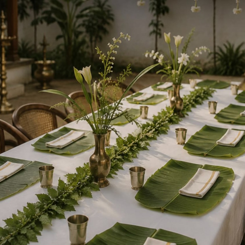 Traditional table setting with banana leaf placemats, brass vases and tumblers