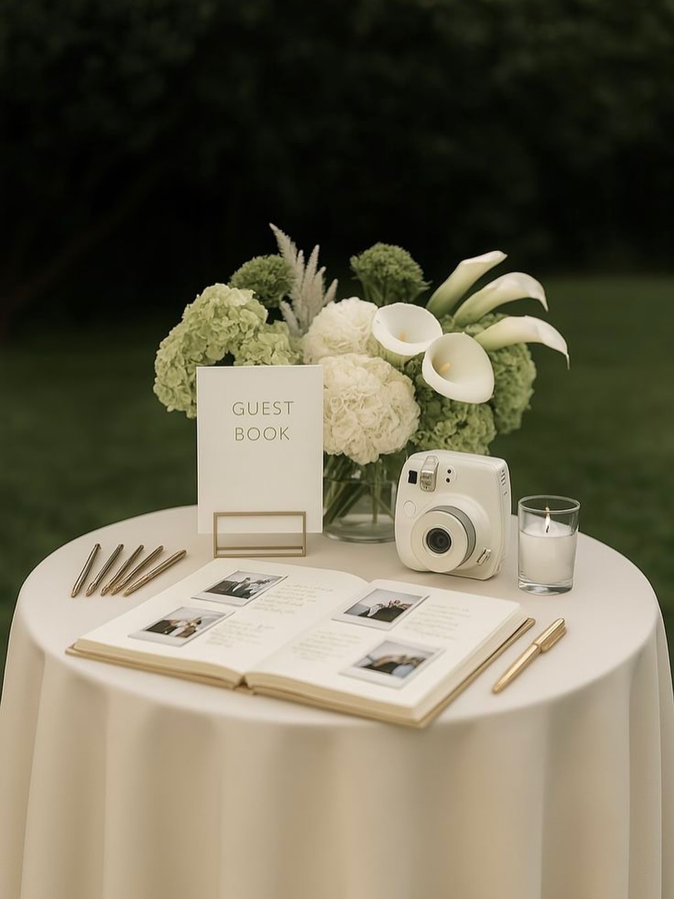 Guest book table with instant camera, white calla lilies and hydrangeas